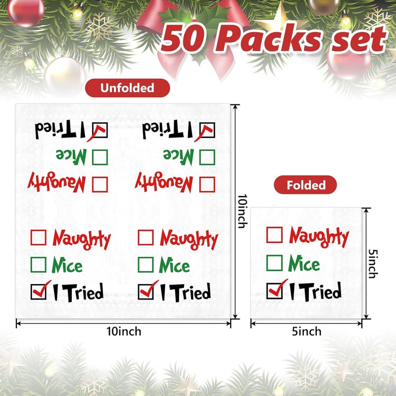 Whaline Christmas Cocktail Napkin Naughty or Nice Disposable Paper Napkin Xmas Drink Beverage Napkins for Home Dinner Buffet Xmas Tableware Party Supplies Decorations, 50 Pcs - Image 2